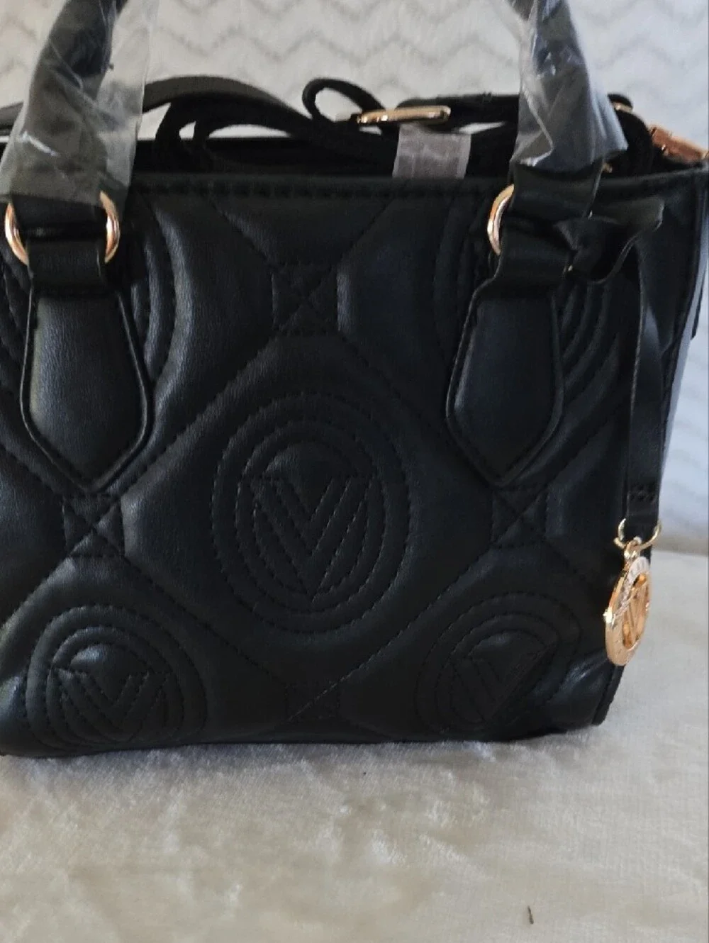 NWT Valentino Black Quilted V-Emblem Top-Handle Satchel